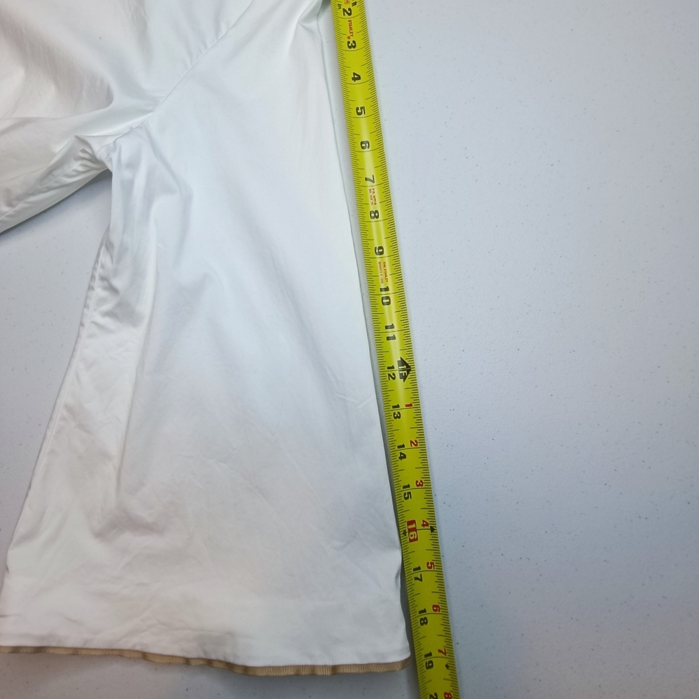 M. Martin White Poplin Cotton Buttondown Blouse Bell Sleeve Tan Piping Size M - Picture 13 of 14